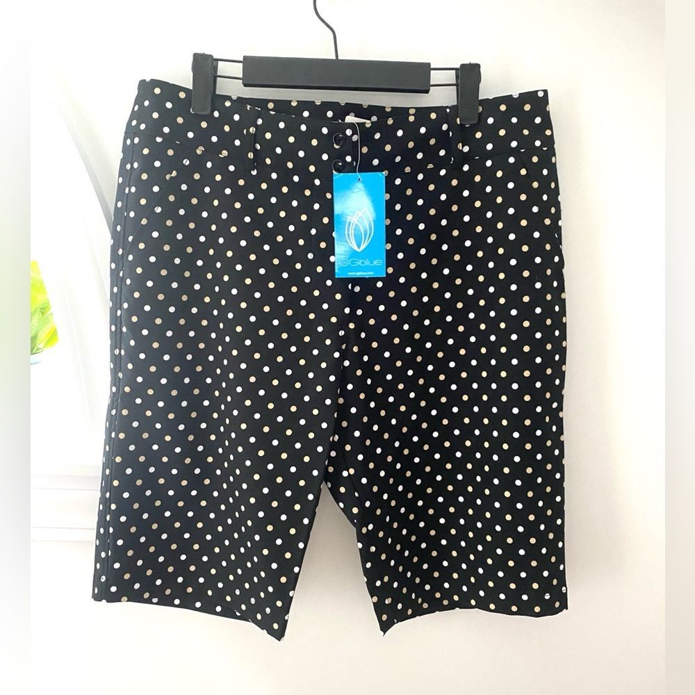 NWT GG Blue Womens Golf Shorts L 12 Black White Polka Dot Print Bermuda Short